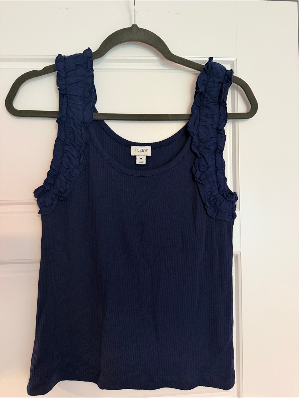 J. Crew Navy Ruffle-Shoulder Ribbed Tank